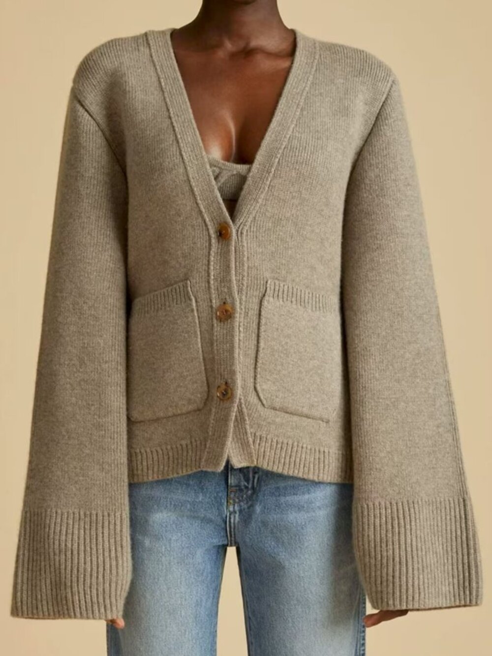 KHAITE Taupe Cashmere Blend V‑Neck Button Front Cardigan Sweater - Picture 1 of 1